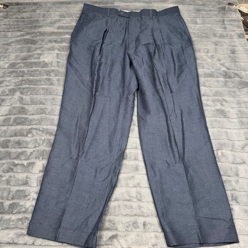 Louis Raphael Rosso Mens 38x30 Navy Blue Linen Viscose Pleated Dress Pants 13825